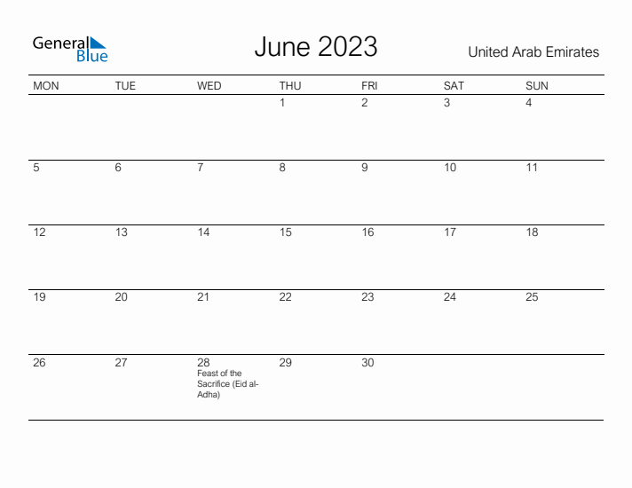 Printable June 2023 Calendar for United Arab Emirates