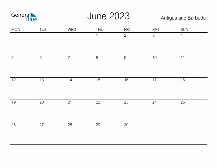 Printable June 2023 Calendar for Antigua and Barbuda