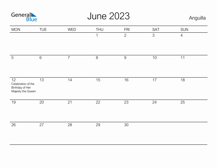Printable June 2023 Calendar for Anguilla
