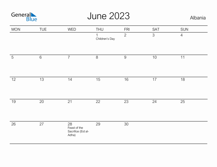 Printable June 2023 Calendar for Albania