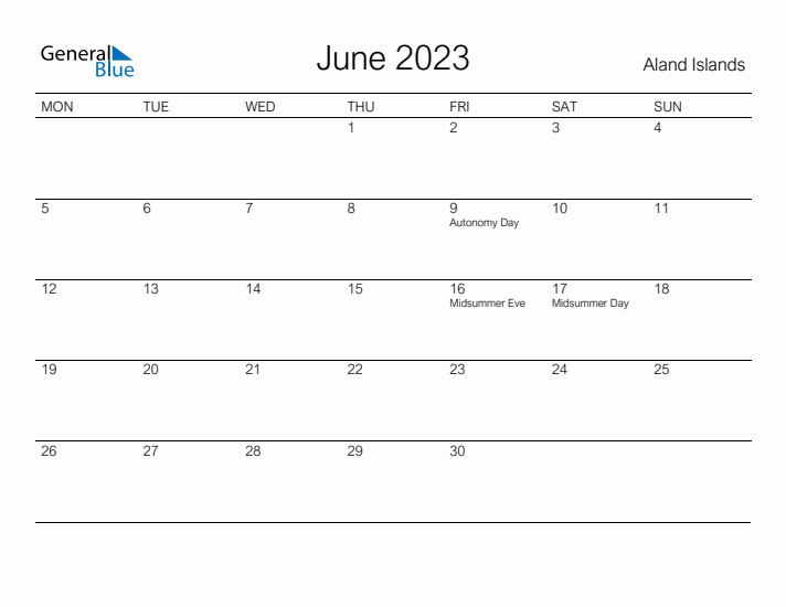 Printable June 2023 Calendar for Aland Islands