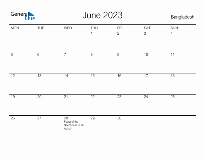 Printable June 2023 Calendar for Bangladesh