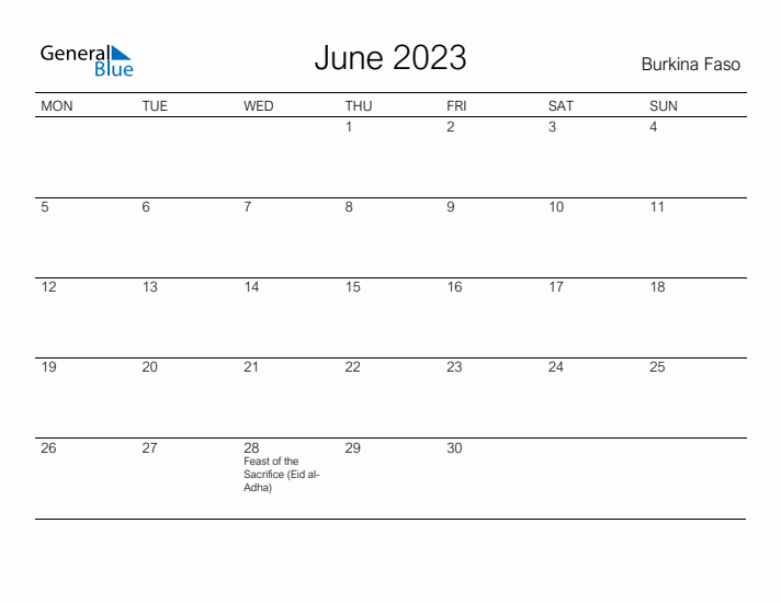 Printable June 2023 Calendar for Burkina Faso