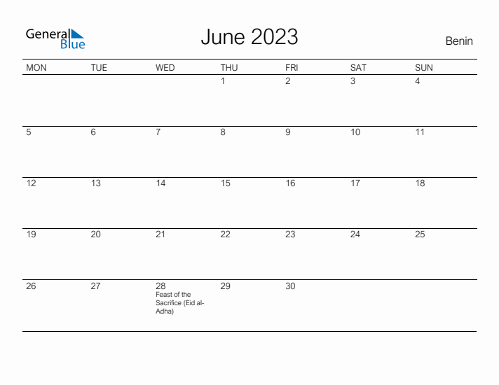 Printable June 2023 Calendar for Benin