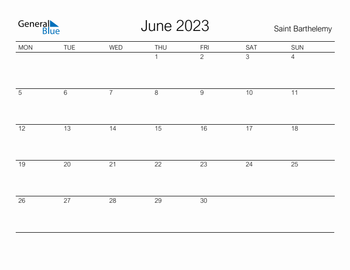 Printable June 2023 Calendar for Saint Barthelemy