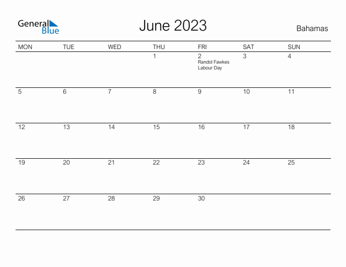 Printable June 2023 Calendar for Bahamas