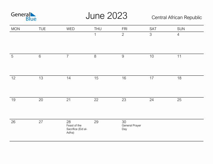 Printable June 2023 Calendar for Central African Republic