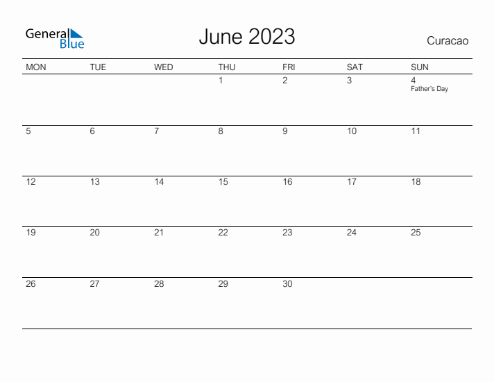 Printable June 2023 Calendar for Curacao