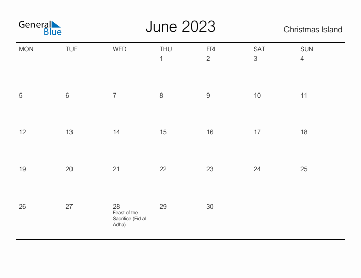 Printable June 2023 Calendar for Christmas Island