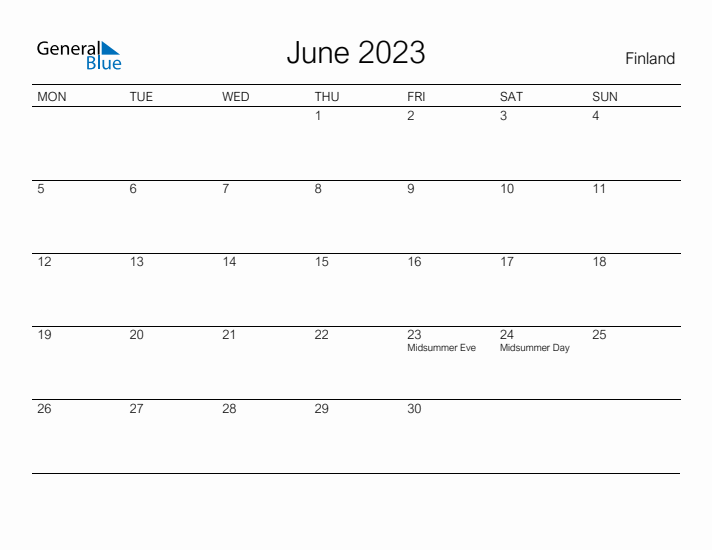 Printable June 2023 Calendar for Finland