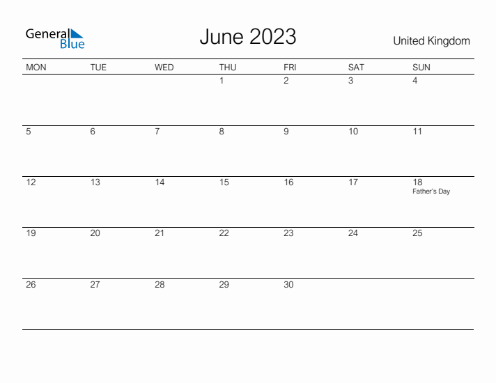 Printable June 2023 Calendar for United Kingdom