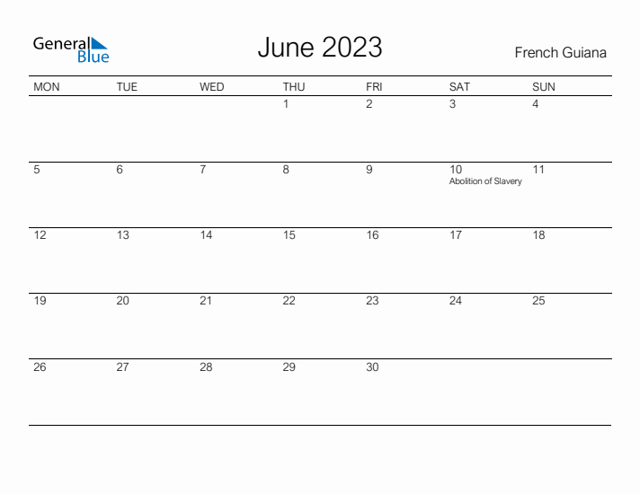 Printable June 2023 Calendar for French Guiana