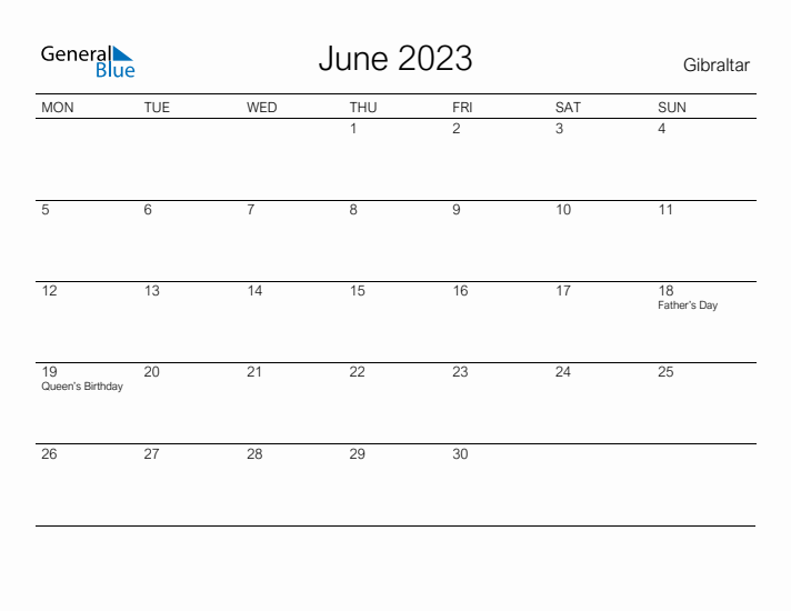 Printable June 2023 Calendar for Gibraltar
