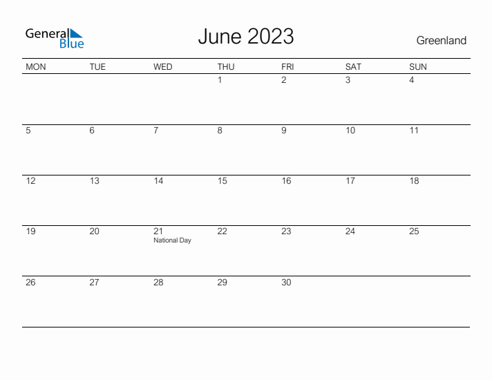 Printable June 2023 Calendar for Greenland
