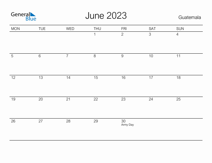 Printable June 2023 Calendar for Guatemala