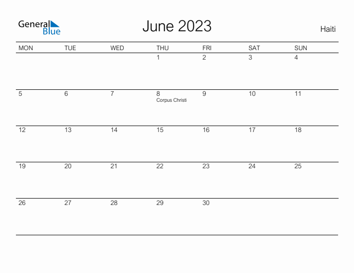 Printable June 2023 Calendar for Haiti