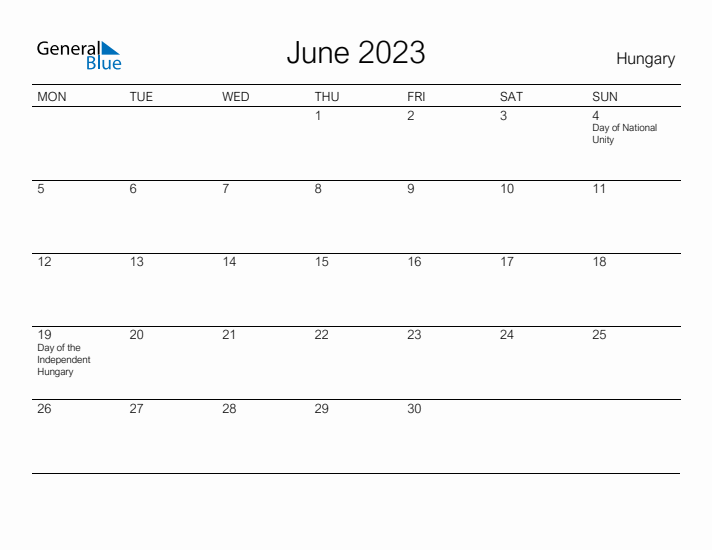 Printable June 2023 Calendar for Hungary