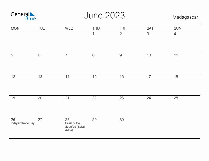 Printable June 2023 Calendar for Madagascar