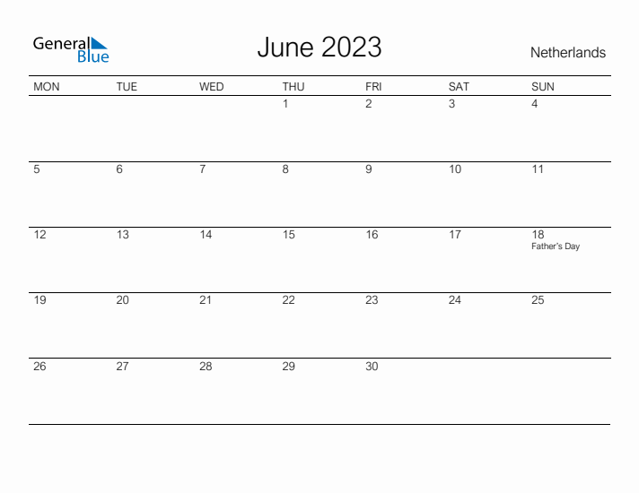 Printable June 2023 Calendar for The Netherlands