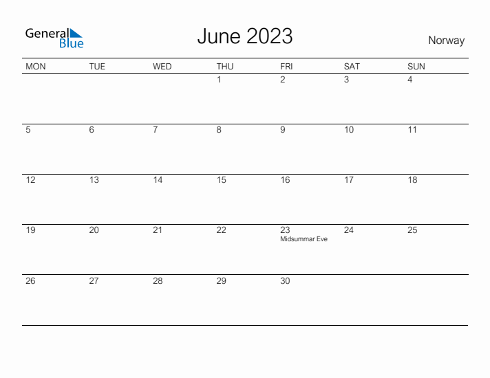 Printable June 2023 Calendar for Norway