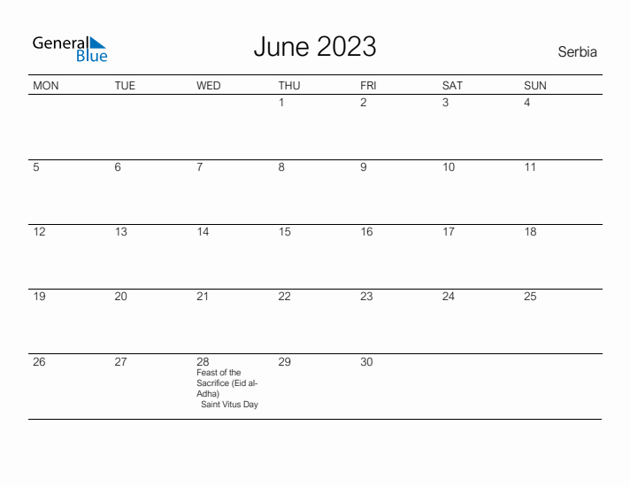 Printable June 2023 Calendar for Serbia