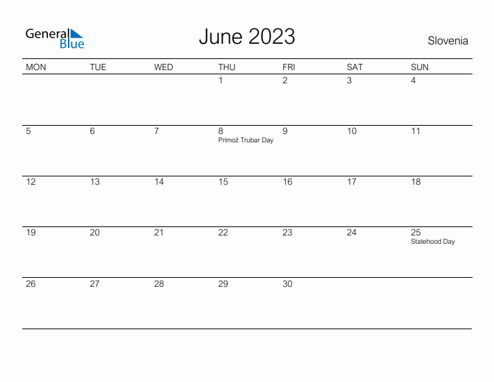 Printable June 2023 Calendar for Slovenia