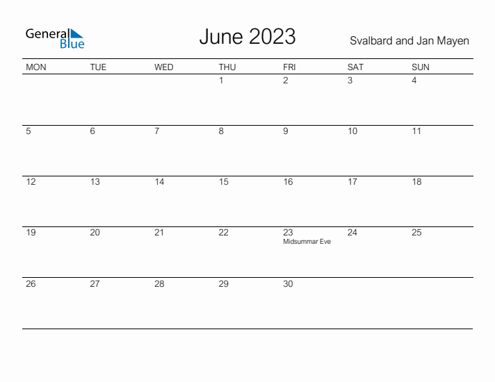 Printable June 2023 Calendar for Svalbard and Jan Mayen