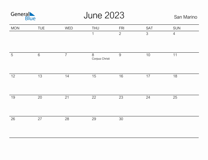 Printable June 2023 Calendar for San Marino