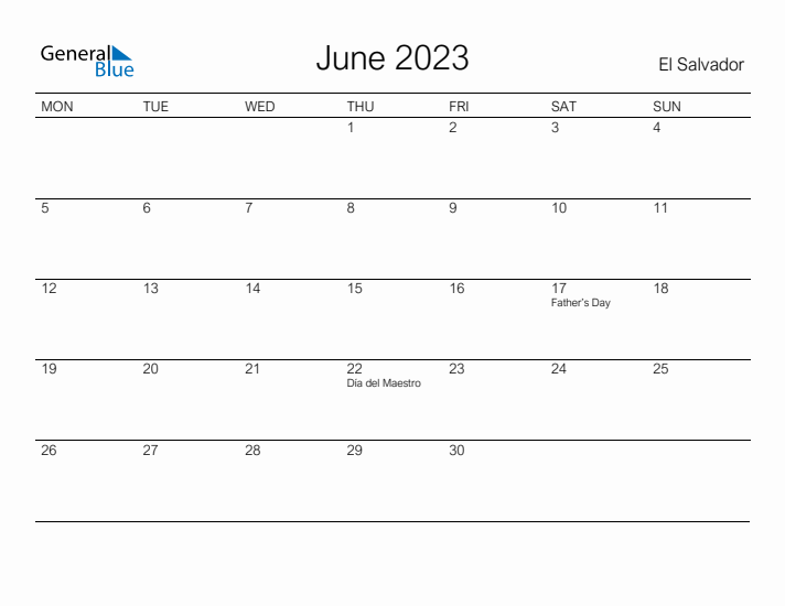 Printable June 2023 Calendar for El Salvador
