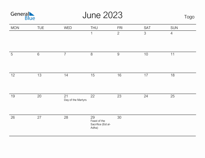 Printable June 2023 Calendar for Togo