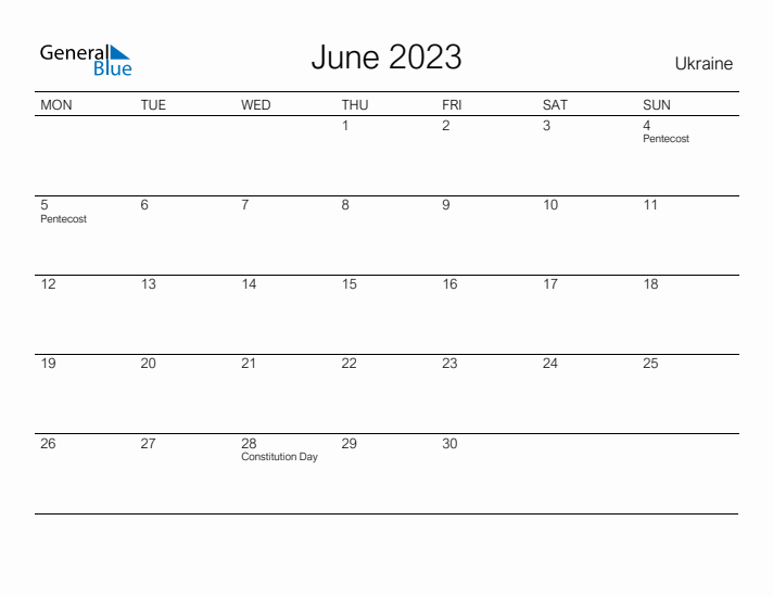 Printable June 2023 Calendar for Ukraine