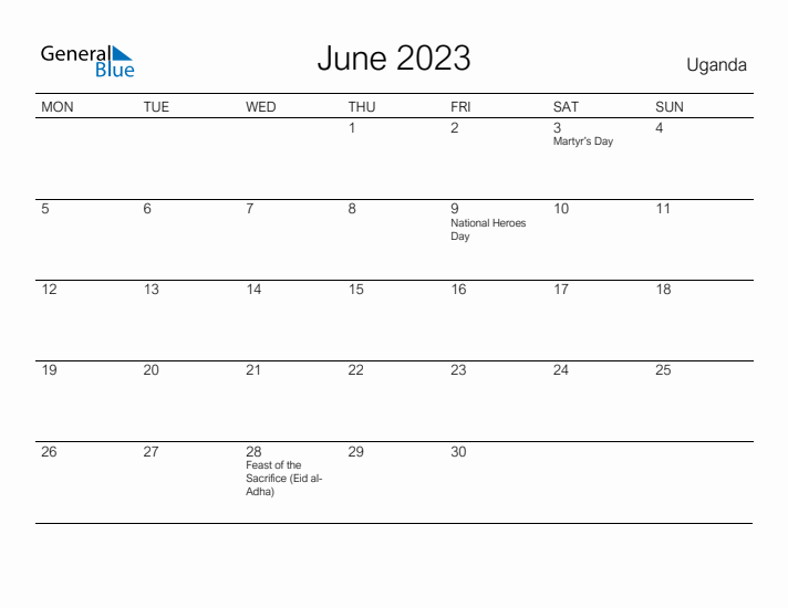 Printable June 2023 Calendar for Uganda