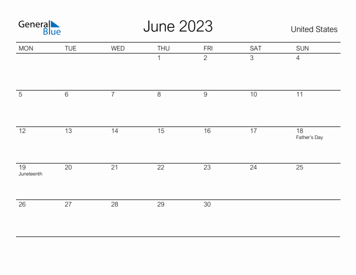 Printable June 2023 Calendar for United States