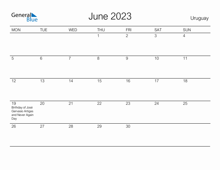 Printable June 2023 Calendar for Uruguay