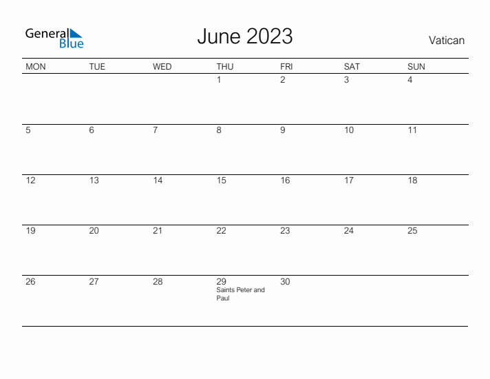 Printable June 2023 Calendar for Vatican