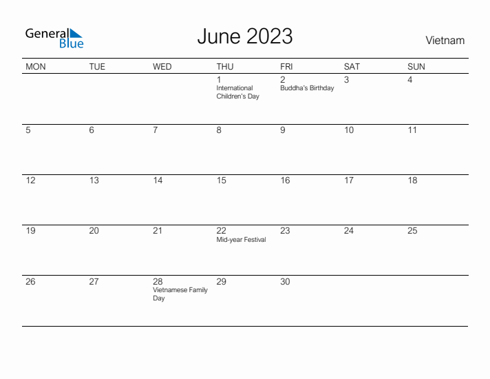 Printable June 2023 Calendar for Vietnam
