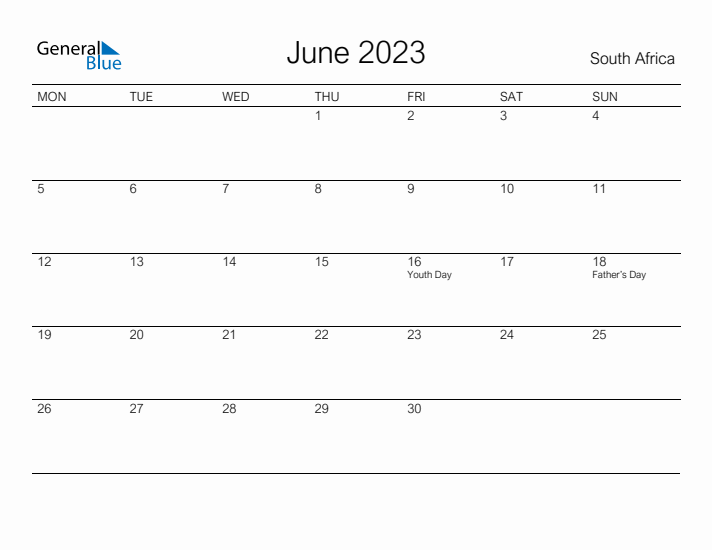 Printable June 2023 Calendar for South Africa