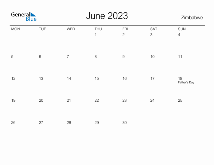 Printable June 2023 Calendar for Zimbabwe