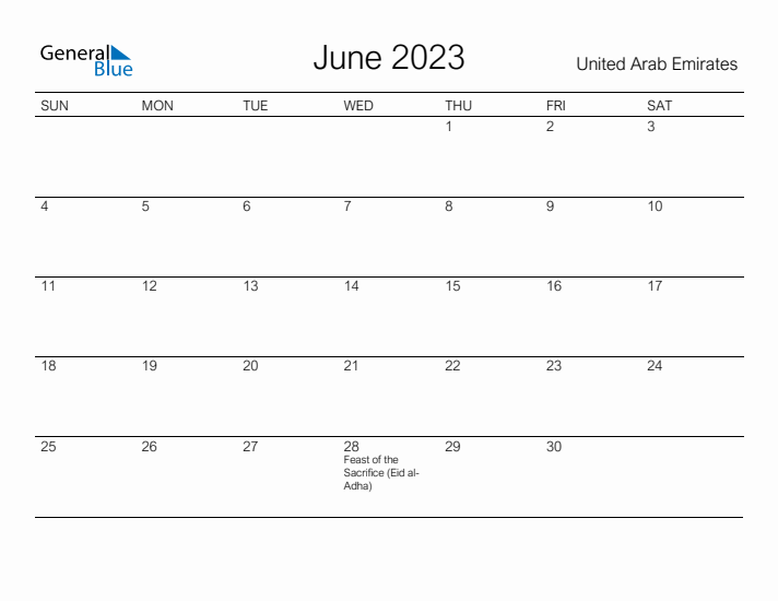 Printable June 2023 Calendar for United Arab Emirates