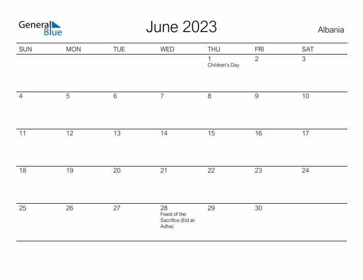 Printable June 2023 Calendar for Albania