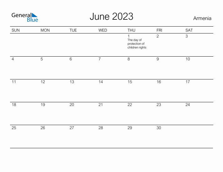 Printable June 2023 Calendar for Armenia