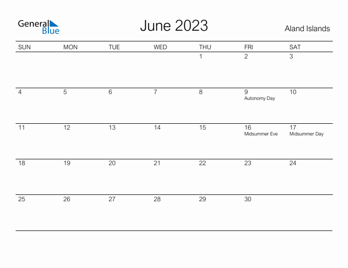 Printable June 2023 Calendar for Aland Islands