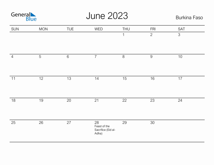 Printable June 2023 Calendar for Burkina Faso