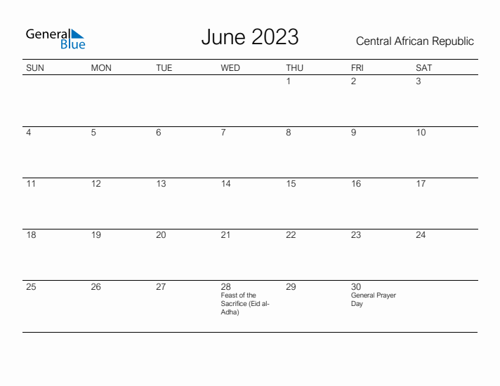 Printable June 2023 Calendar for Central African Republic