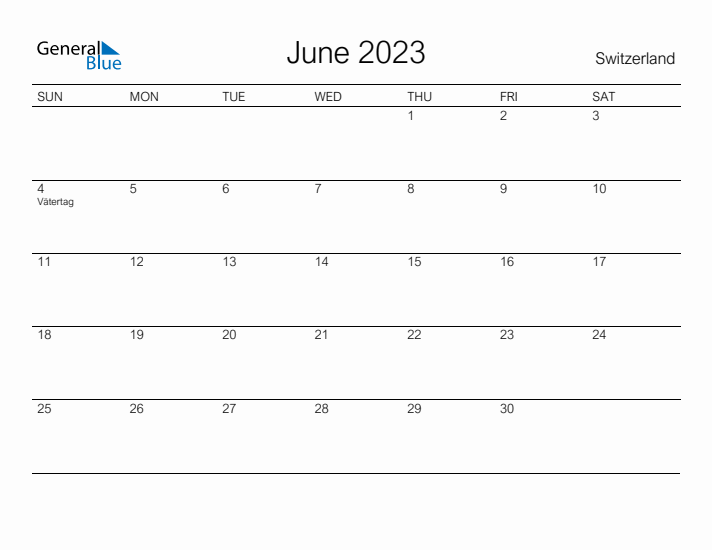 Printable June 2023 Calendar for Switzerland