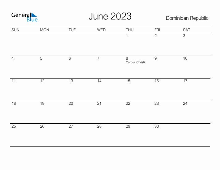 Printable June 2023 Calendar for Dominican Republic