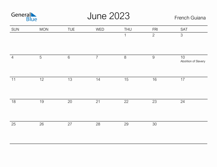 Printable June 2023 Calendar for French Guiana