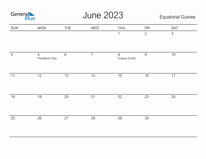 Printable June 2023 Calendar for Equatorial Guinea