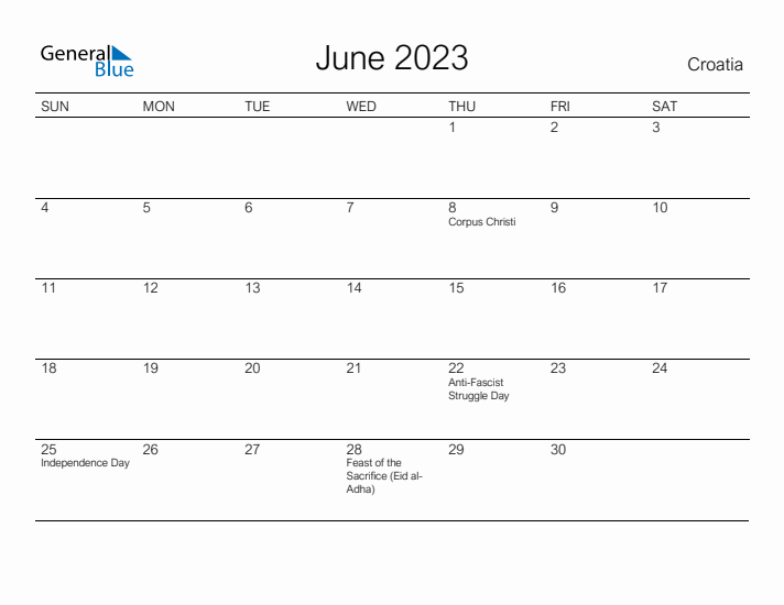 Printable June 2023 Calendar for Croatia