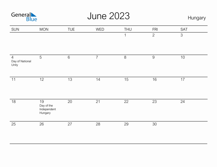 Printable June 2023 Calendar for Hungary
